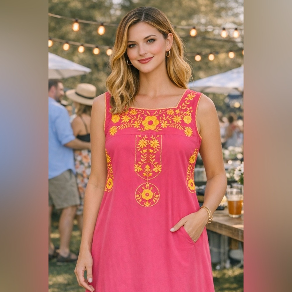 Jade Pink Midi Dress with Yellow Floral Embroidery